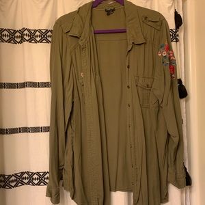 Torrid Embroidered Army Green Button Down